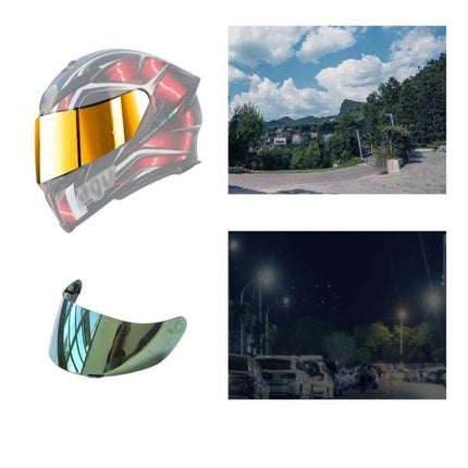 Motorcycle Helmet Visor Anti UV Shield For Everyday Riding reflective yellow visor showing day and night protection, anti-fog and anti-scratch