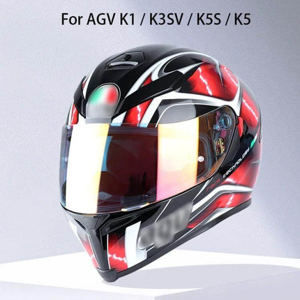 Motorcycle Helmet Visor Anti UV Shield For Everyday Riding shown on red black full-face helmet with iridescent anti-fog, anti-scratch visor
