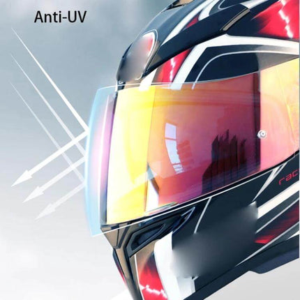 Motorcycle Helmet Visor Anti UV Shield For Everyday Riding showing mirrored anti-UV, anti-fog shield on full-face helmet