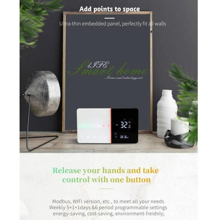 Smart Home Heating Thermostat with Internal Sensor Control wall-mounted touchscreen in living room setting, Bluetooth app connectivity and energy-saving display