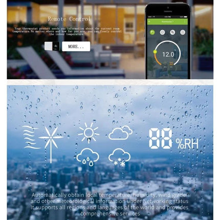 Smart Home Heating Thermostat with Internal Sensor Control showing smartphone app interface and weather icons for remote temperature and humidity monitoring