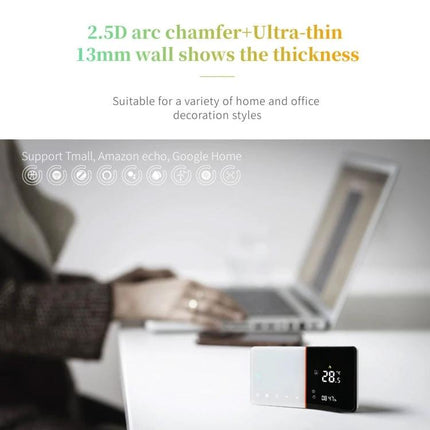 Smart Home Heating Thermostat with Internal Sensor Control compact black touchscreen display on desk near laptop shows 2.5D arc chamfer ultra-thin 13mm wall
