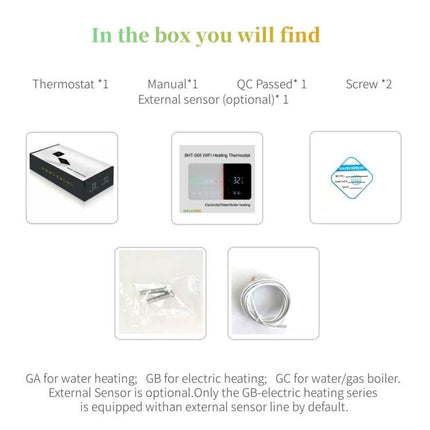 Smart Home Heating Thermostat with Internal Sensor Control showing package contents: thermostat, manual, screws, external sensor and QC card