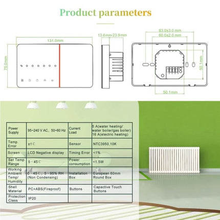 Smart Thermostat for Controlling Home Boiler Heating via WiFi technical diagram and product parameters table