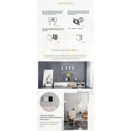 Smart Thermostat for Controlling Home Boiler Heating via WiFi wall-mounted sleek touch display in modern living room, remote mobile control