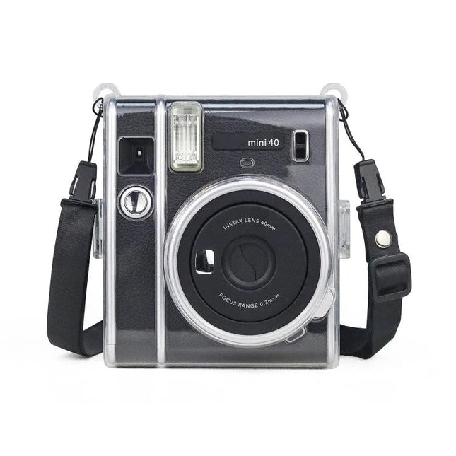 Protective Crystal Case with Strap for Fujifilm Instax Mini 40 and 7+ shown on camera with clear cover and adjustable black strap