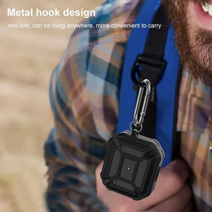 King Kong Armor Case for Daily AirPods Protection hanging from metal hook on backpack strap, 360-degree drop and scratch protection