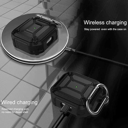King Kong Armor Case for Daily AirPods Protection rugged 360-degree shockproof case showing wireless and wired charging with carabiner