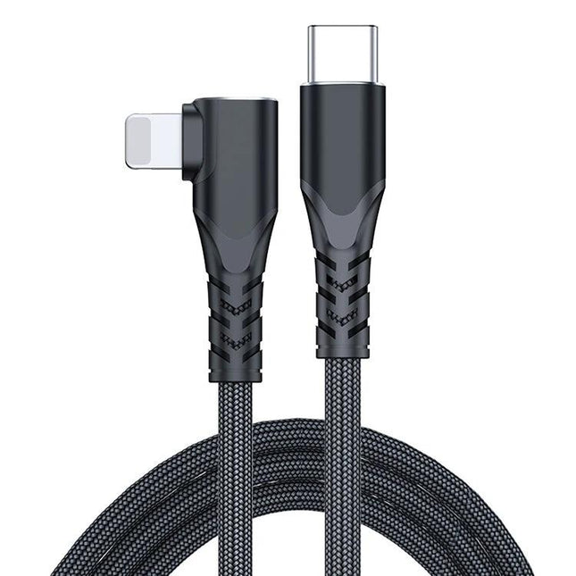 Practical Elbow USB-C Cable for Daily Phone Charging Needs — braided right-angle USB-C to Lightning cable for gaming and clutter-free charging