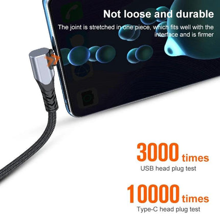 Elbow USB-C Cable for Everyday Mobile Gaming and Charging angled connector plugged into phone showing durable braided cable and plug test counts