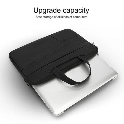 Waterproof Oxford Cloth Laptop Handbag for 15.6-Inch Devices - black protective sleeve with handles, zippered compartment and laptop partially inserted