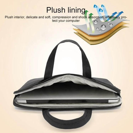Waterproof Oxford Cloth Laptop Handbag for 15.6-Inch Devices showing plush lining, zipper pocket and 15.6-inch laptop partially inserted
