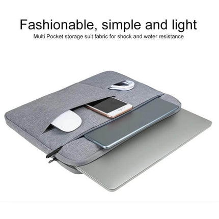 Waterproof Oxford Cloth Laptop Handbag for 15.6-Inch Devices shown gray with front pocket holding mouse, phone, tablet and laptop — waterproof travel sleeve