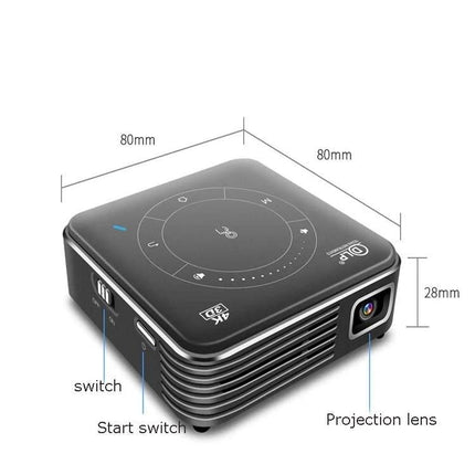 Compact Smart DLP Projector for Wireless Screen Mirroring - compact 80x80x28mm mini projector with touch controls, start switch and projection lens