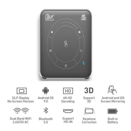 Compact Smart DLP Projector for Wireless Screen Mirroring slim DLP unit with touch controls, 4K/3D support, WiFi, Bluetooth and built‑in battery