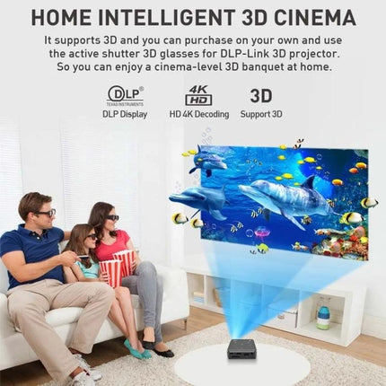 Compact Smart DLP Projector for Wireless Screen Mirroring projecting 3D home cinema on wall for family movie night