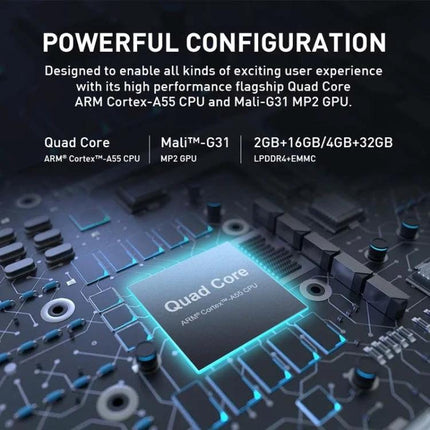 Compact Smart DLP Projector for Wireless Screen Mirroring showing quad-core CPU and Mali-G31 GPU configuration image