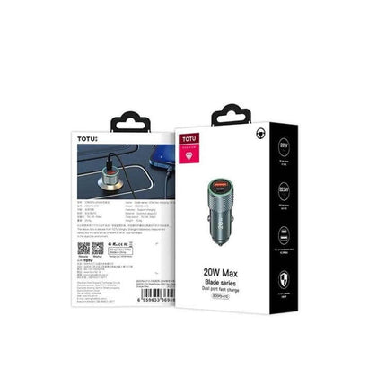 Totudesign Blade Series 20W Car Charger For Fast Charge compact fireproof USB-C PD3.0 and USB-A dual-port car charger packaging