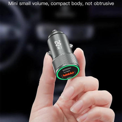Totudesign Blade Series 20W Car Charger For Fast Charge compact metal USB-C PD3.0 and USB-A car charger held between fingers