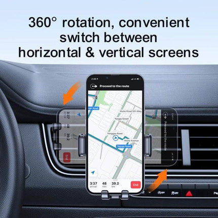 Joyroom Air Vent Car Phone Holder With Telescopic Arm showing phone mounted in car vent with 360° rotation for horizontal and vertical screens