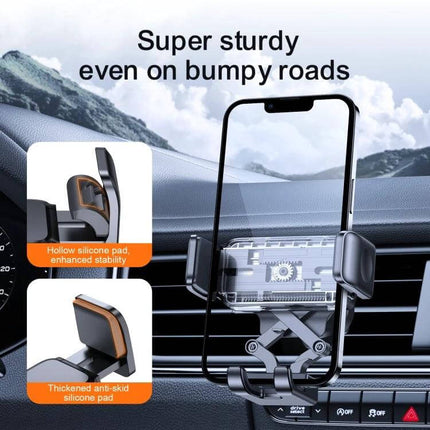 Joyroom Air Vent Car Phone Holder With Telescopic Arm mounted on vent showing telescopic arm, thickened silicone pads and secure grip for hands-free driving