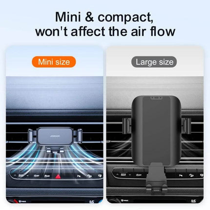 Joyroom Air Vent Car Phone Holder With Telescopic Arm shown mini vs large size mounted on car vent, low-profile design that won’t block airflow