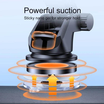 Joyroom Car Dashboard Phone Holder Telescopic Arm For Safe Driving showing powerful suction sticky nano gel base and telescopic arm