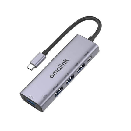 Amalink USB-C Hub for Expanding Laptop Ports and Charging slim metallic multiport adapter with USB-A, USB-C and SD ports