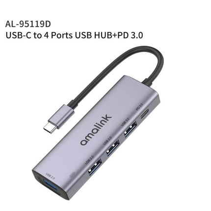 Amalink USB-C Hub for Expanding Laptop Ports and Charging slim aluminum 4-port USB-A + PD USB-C adapter