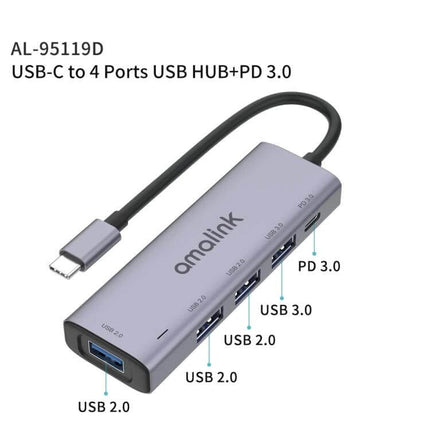 Amalink USB-C Hub for Expanding Laptop Ports and Charging slim USB-C to 4-port hub with PD 3.0 and multiple USB 2.0/3.0 ports