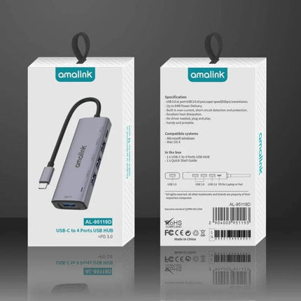 Amalink USB-C Hub for Expanding Laptop Ports and Charging showing silver 4-port USB-C hub and retail packaging
