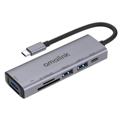 Amalink Multi-Function USB-C Hub for Cards and Devices shown in gray with USB-A ports, SD card slot and USB-C connector for laptops and travel