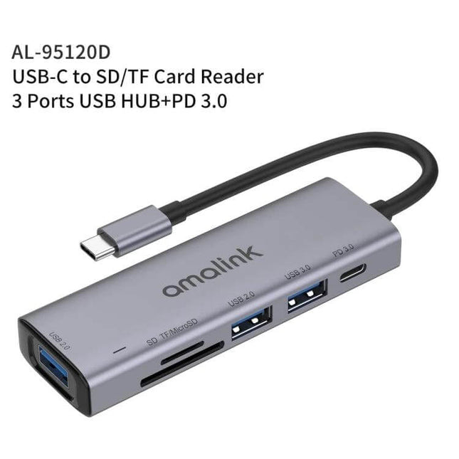 Amalink Multi-Function USB-C Hub for Cards and Devices - gray USB-C hub with SD/TF card reader, 3 USB ports and PD charging cable
