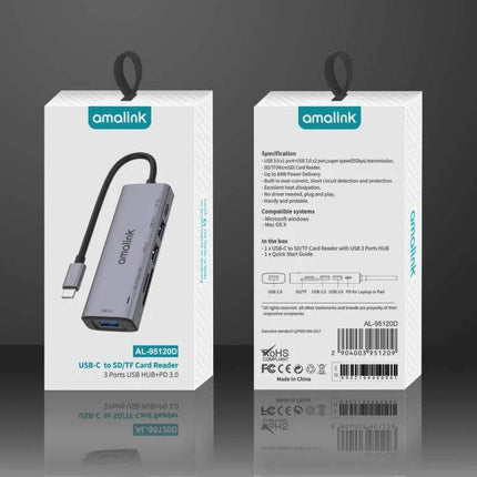 Amalink Multi-Function USB-C Hub for Cards and Devices showing compact USB-C hub with card reader and ports on packaging