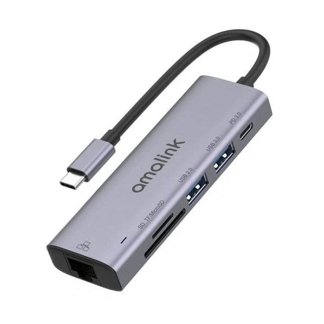 Amalink Multi-Function USB-C Hub for Device Connectivity compact aluminum adapter with Ethernet, SD card slots, USB-A and PD charging port