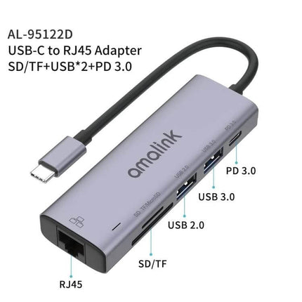 Amalink Multi-Function USB-C Hub for Device Connectivity compact adapter with RJ45, SD/TF slot, USB 3.0, USB 2.0 and PD 3.0 ports