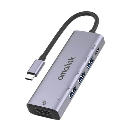 Amalink USB-C Hub for HDMI Connectivity and USB Ports Expansion showing HDMI and multiple USB ports on aluminum hub with USB-C cable