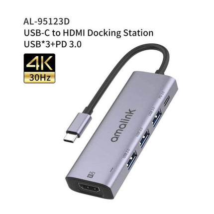 Amalink USB-C Hub for HDMI Connectivity and USB Ports Expansion showing grey aluminum hub with HDMI output and three USB ports
