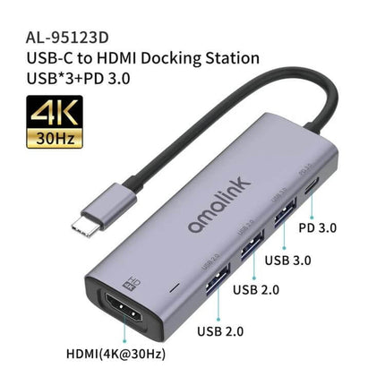 Amalink USB-C Hub for HDMI Connectivity and USB Ports Expansion - compact aluminum USB-C to HDMI docking station with 4K output and multiple USB ports