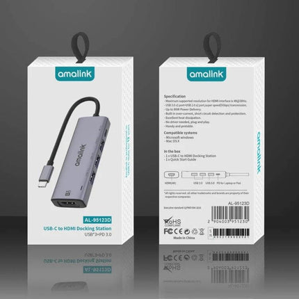 Amalink USB-C Hub for HDMI Connectivity and USB Ports Expansion shown in silver with HDMI and multiple USB ports on retail packaging