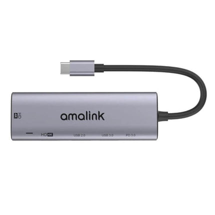 Amalink USB-C Hub with Dual HDMI and USB Ports for Connectivity - compact silver hub showing USB-C cable and multiple ports supporting 4K