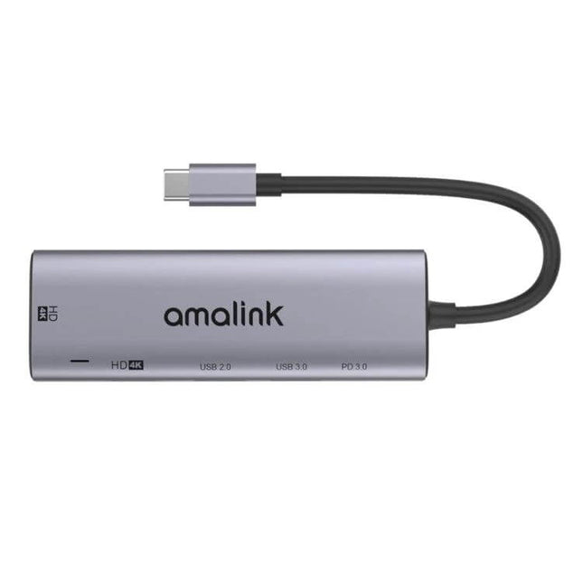 Amalink USB-C Hub with Dual HDMI and USB Ports for Connectivity - compact silver hub showing USB-C cable and multiple ports supporting 4K