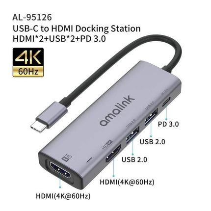 Amalink USB-C Hub with Dual HDMI and USB Ports for Connectivity slim aluminum docking station with 4K HDMI, USB 2.0 ports and PD 3.0