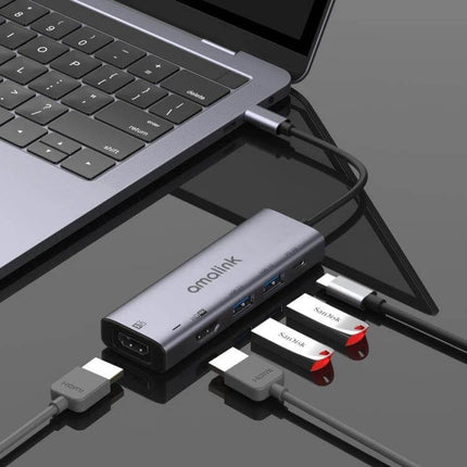 Amalink USB-C Hub with Dual HDMI and USB Ports for Connectivity connected to laptop, dual HDMI and multiple USB flash drives visible