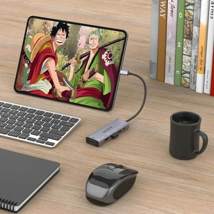 Amalink USB-C Hub with Dual HDMI and USB Ports for Connectivity connected to tablet showing dual HDMI external display, USB ports, and peripherals