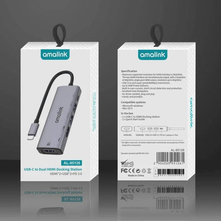 Amalink USB-C Hub with Dual HDMI and USB Ports for Connectivity shown with packaging and hub device, dual HDMI, USB ports, USB-C cable