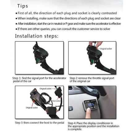 TROS Electronic Throttle Controller For Toyota Daily Driving installation steps showing pedal connector, harness and display unit