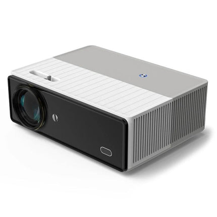 High-Definition Digital Projector for Home Entertainment and Presentations — compact white-and-gray LED projector with lens, Android streaming and wireless mirroring