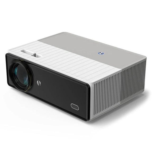 High-Definition Digital Projector for Home Entertainment and Presentations — compact white-and-gray LED projector with lens, Android streaming and wireless mirroring