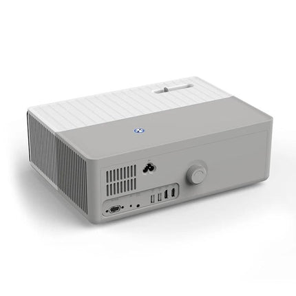 High-Definition Digital Projector for Home Entertainment and Presentations – compact white-gray HD projector with multiple ports, knob and vents